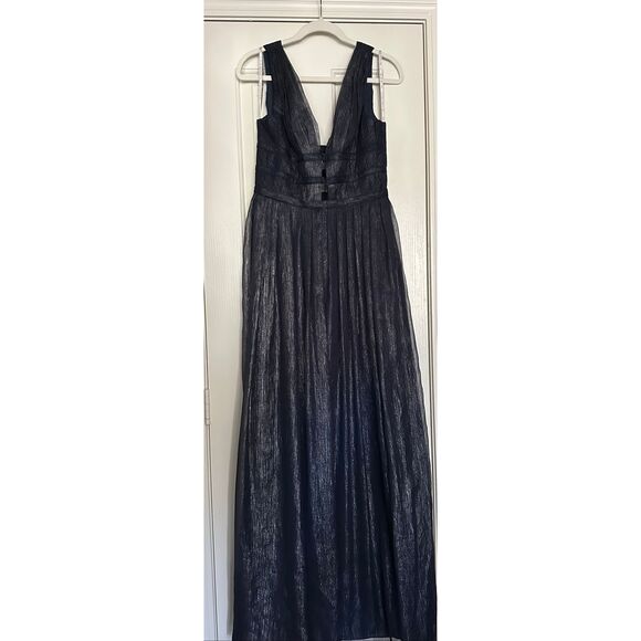 ✨ Monique Lhuillier Bridesmaids Whitney Maxi Dress Navy Silver Metallic Size 10 - Picture 3 of 7